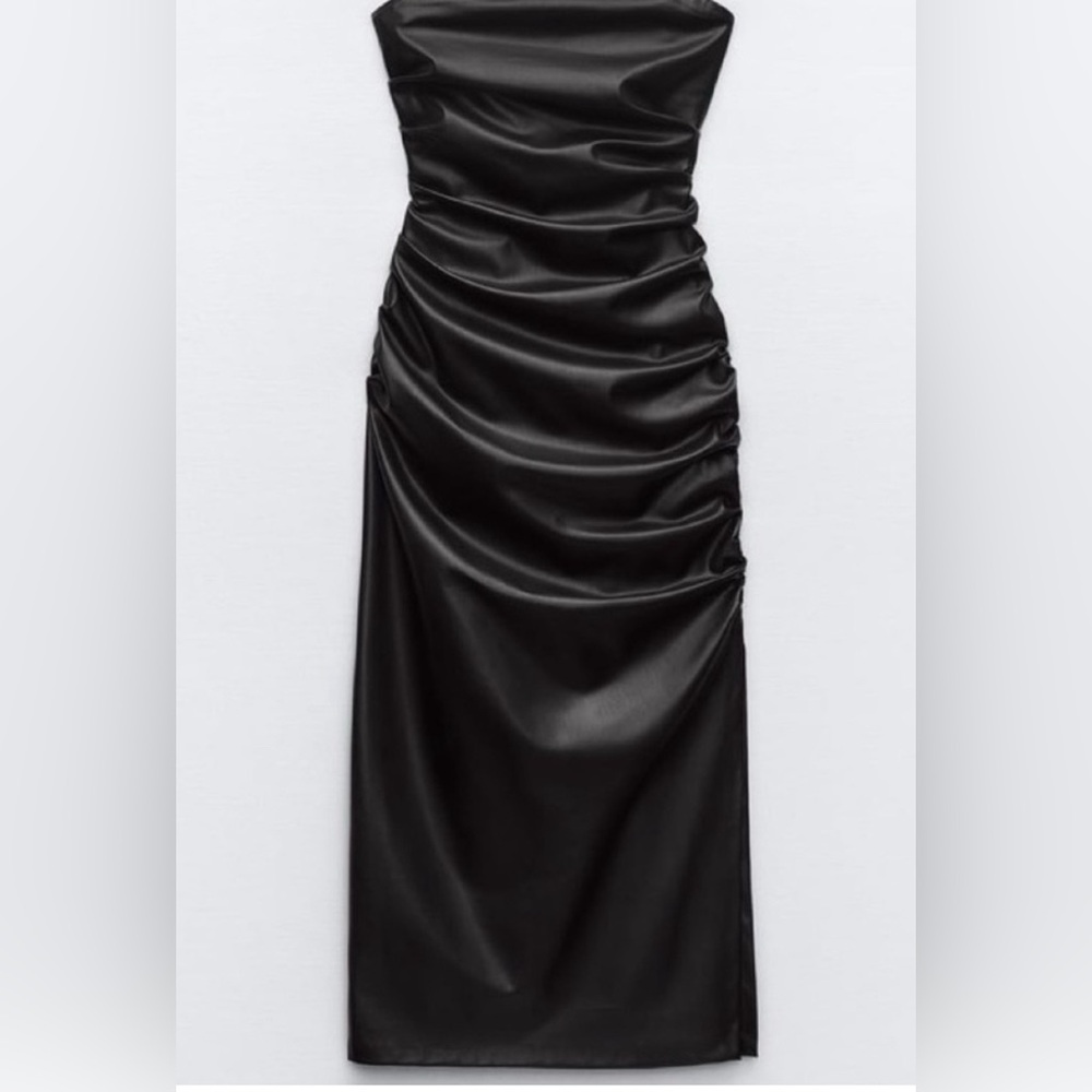 Zara Strapless Black Vegan Leather Dress Sz S
